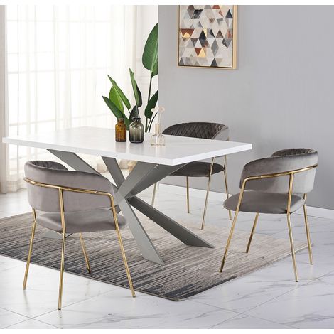 Duke LUX Atarah Dining Set - a White Wooden Dining Table and Set of 4 Grey Velvet Dining Chairs - Dining Room Kitchen (1/5)