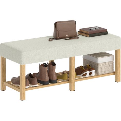 Banc à chaussures, banc de rangement avec siège rembourré, étagère ouverte, bois d'hévéa, 120x44x48cm, bois naturel (1/5)