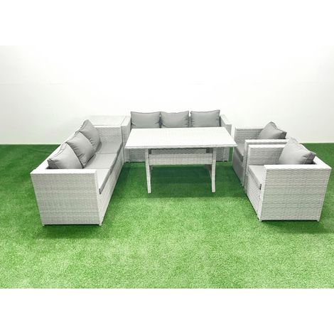 Fimous Rattan Gartenmöbel-Set Outdoor 8 Sitzer mit Esstisch 2 Sesseln Beistelltisch Hellgrau gemischt (1/5)