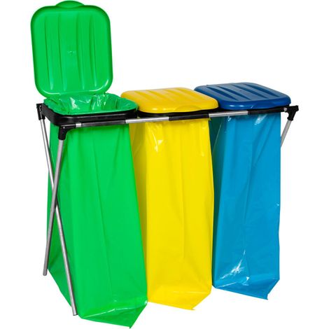 Support Pour Sacs Poubelle 120 L - Tri Sélectif 3 Couvercles Colorés - Tubes Galvanisés - Intérieur Et Extérieur - 91 X 38 X 74 Cm
