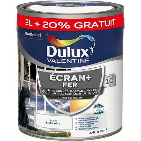 ECRAN+ FER BRILLANT - Peinture pour fer intérieur/extérieur - Grilles, portails, volets, ferroneries, mobiliers de jardin - Blanc 2 L + 20% gratuit - Dulux Valentine