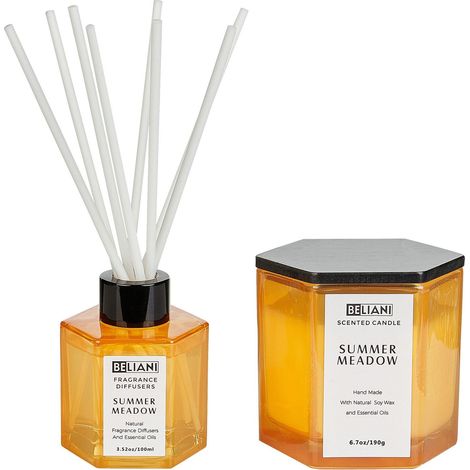 Set candela profumata in cera di soia 100% e diffusore con bastoncini profumo prato estivo Classy Tint