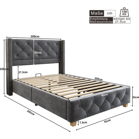 Literie complet: Lit capitonné 90x200cm avec sommier et tête de lit, matelassage à boutons et clous, pieds en bois, velours gris, ensemble 2 pièces (1/5)