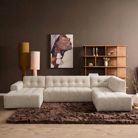 Canapé en U beige effet matelassé avec méridienne droite RIVOLI (1/5)