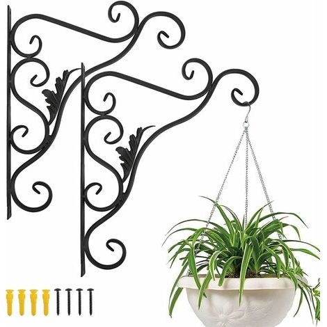 Support Plante Mural Balcon, Lot de 2 Rétro Européen Forme de Feuille, Crochet de Suspension en Fer Forgé, pour Lanternes à Paniers avec Vis, Décor Extérieur pour Balcon de Jardin - Noir Peint