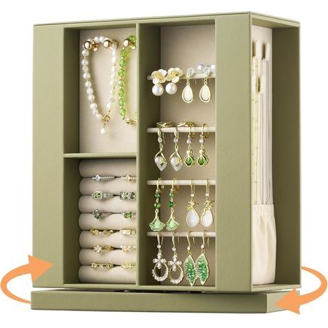 Jewelry Box for Women: 360° Rotating Vertical Storage Case, Black Leather with Blush Velvet, Holder for Rings, Necklaces, Bracelets, Gift Decor, 10" x 8.7" x 3.9" (1/5)
