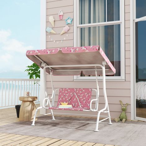 Balançoire pour porche pour enfants à deux places avec auvent solaire réglable,ceinture de sécurité,pour enfants de 3 à 6 ans jusqu’à 60 kg de rose
