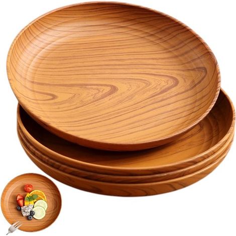 Ensemble de 4 assiettes plates rondes aspect bois, marron clair, imitation bois, brun clair. Assiettes plates rondes empilables aspect bois, marron clair. (1/5)