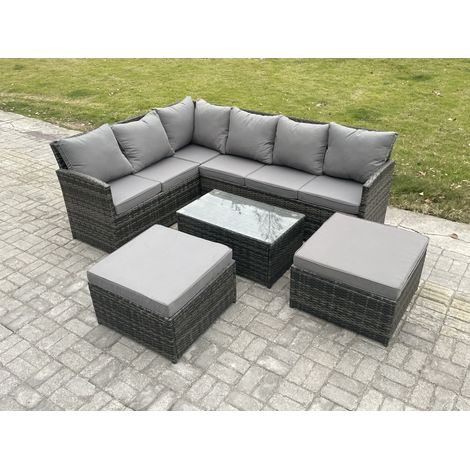 Fimous 8 Seater Rattan Lounge Corner Sofa Set Wicker PE Outdoor Garden Furniture Set with Coffee Table 2 Big Fotstools Dark Grey Mixed
