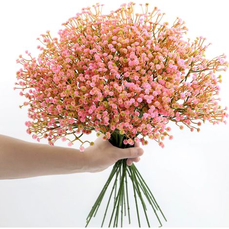 24 tiges par sachet, courbées à 40 cm maximum [AHB1909-120-1 Rose] Bouquet de mariage de 24 gypsophiles artificielles, fleurs vertes artificielles, fleurs en plastique style INS, décoration intérieure (1/2)