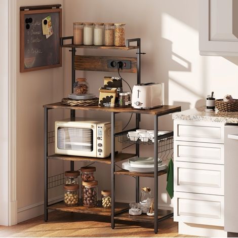 Étagère de cuisine 90/42/130 cm effet bois rustique avec prises intégrées et crochets (1/5)
