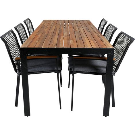 Bois Ensemble table et chaises de jardin, table 90x205cm et 6 chaises Dallas, noir, naturel. (1/5)