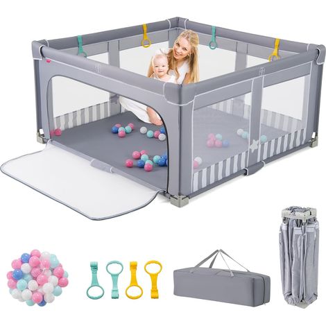 COSTWAY Box per Bambini 150 x 150 cm, Recinto per Bambini Pieghevole in Tessuto Oxford con Rete Traspirante, Box per Neonati con Giochi che Include 50 Palline, 4 Pezzi Anelli e Borsa (Grigio) (1/5)