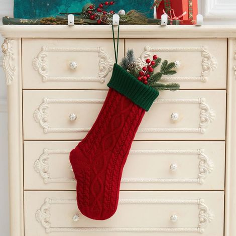 Chaussette De Noël - Tricotée En Polyester - Rouge Et Vert - 46 X 18 Cm - Pour Décoration De Cheminée Porte Fenêtre - 1 Pièce (1/5)