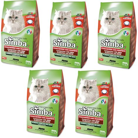Multipack da 5 confezioni di simba croccantini per gatto al gusto manzo da 2 kg ciascuna