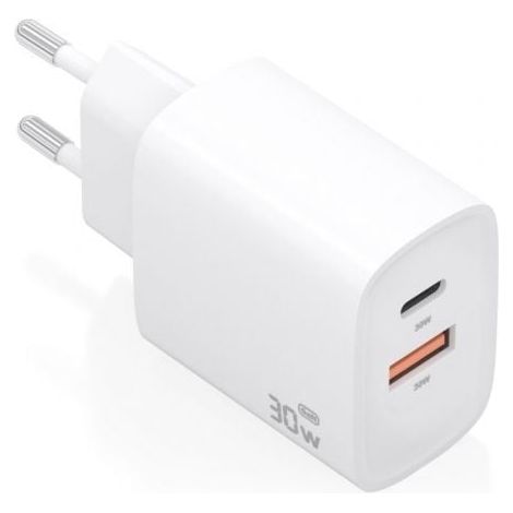 Cargador de Pared GaN Aisens A110-0952/ 1xUSB Tipo-C/ 1xUSB/ 30W/ Blanco