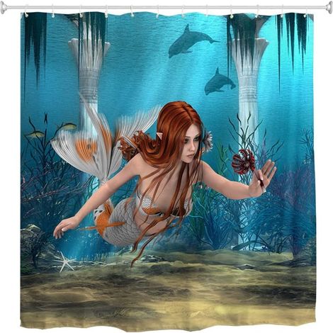 Rideau de douche sirène, rideaux de douche de salle de bain monde océanique sous-marin avec crochets rideau de bain imperméable, 180 x 200 cm (1/5)