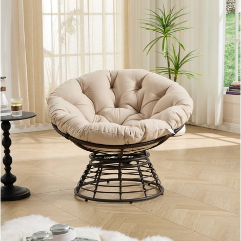 Silla papasan giratoria 360° en resina trenzada con cojín grueso, beige y marrón DESVIAE (1/5)