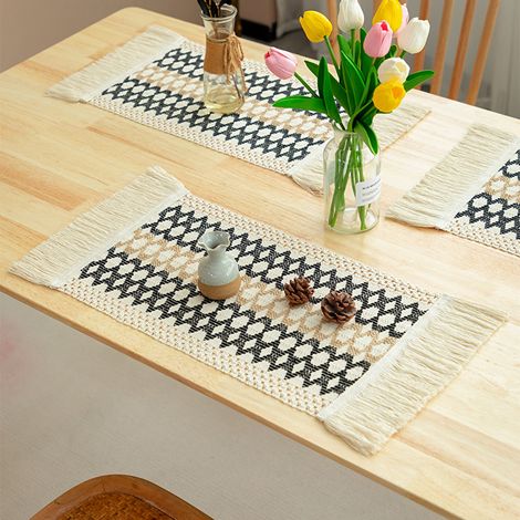 Set aus 4 rustikalen, im Bohème-Stil gewebten Platzsets aus Baumwolle und Leinen, waschbar, perfekt für Hochzeiten, Zuhause, Mahlzeiten und als Weihnachtstischdekoration (mehrteiliges Raster, 30 x 50 