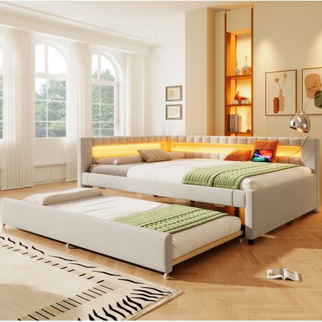 Bett mit Ausziehbett LED 140x200 Leinen Beige OKMYHOME (1/5)