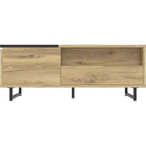 Mesa de centro elevable con LED, cajón y compartimentos, efecto madera, estructura de metal (1/5)