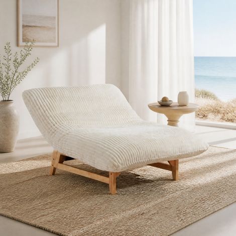Poltrona lounge reclinabile singola in corduroy bianco con struttura in legno (1/5)