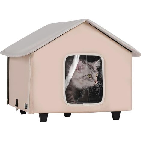 1 niche chat extérieur chauffante avec coussin 55 W, abri hiver pliable surélevé en tissu Oxford 600D, marron (1/5)