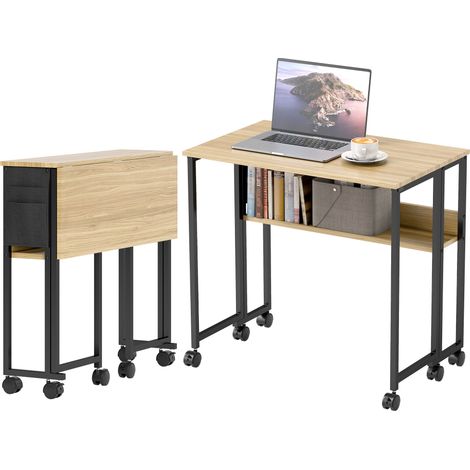 Bureau pliant sur roulettes, 80 x 50 cm, avec étagère et sac de rangement, chêne