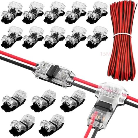 Câble d'extension bande LED à 2 broches 15 m, 22WAG, Câble pour appareil LED 12V + Connecteurs fil rapide T2&H2 (sans épluchez) Fil pour bande LED ou bricolage 5V-24V (1/5)