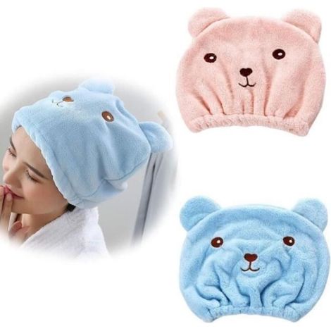 Asciugamano per asciugare i capelli a forma di orso (rosa, blu) (2 pezzi) – Rosa e blu – Fibra di poliestere (1/4)