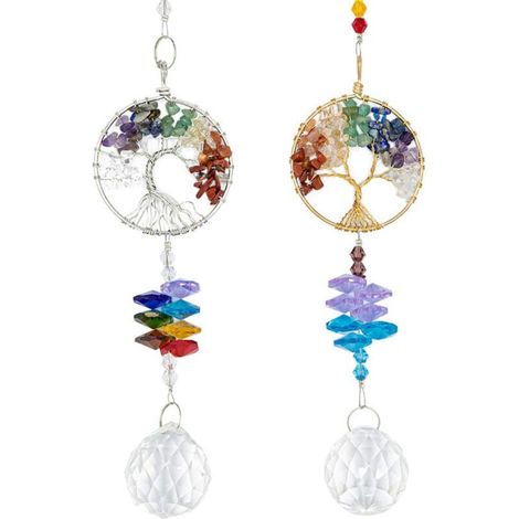Lot de 2 attrape-soleil en cristal avec arbre de vie, perles métalliques colorées, pendentif en cristal Feng Shui, décoration de jardin (1/4)