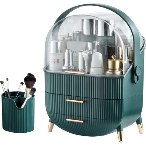 Clear Makeup Organizer Box with Makeup Brush Holder with 2 Drawers, Green/Clear