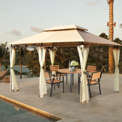COSTWAY 3,9x2,9m Gartenpavillon Metall, mit abnehmbaren 4 Seitenwaenden,Pavillon Partyzelt Braun (1/5)