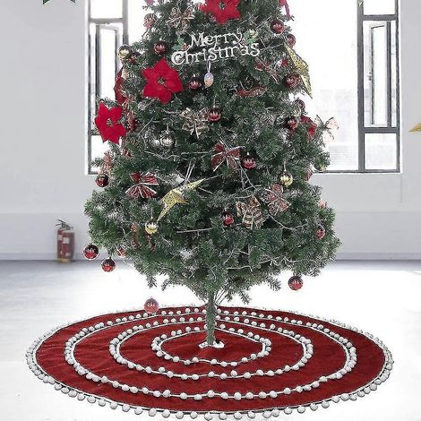 Faldas para árbol de Navidad, color rojo, de felpa, para la base de la falda del árbol de Navidad, funda para el suelo, decoración para fiestas navideñas, falda de lino blanca con círculo de bolas par (1/5)