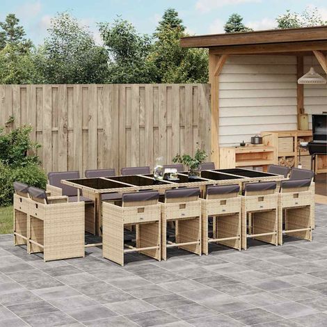 Ensemble repas de jardin table + 14 chaises en résine tressée beige, coussins gris clair - PANGIVO (1/5)