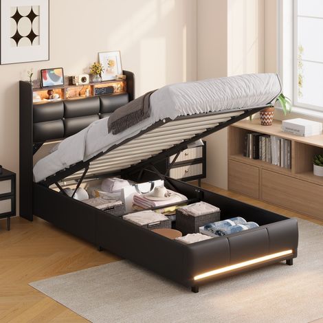 Lit coffre 90 x 200 cm pour enfant et adulte, lit capitonné avec LED et USB, lit 90x200 avec sommier à lattes, cadre de lit, PU Noir (1/5)