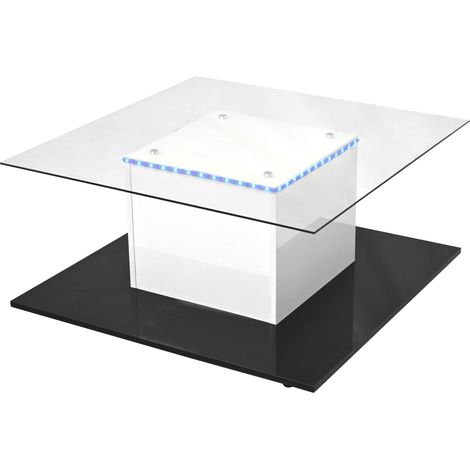 Table basse mobile en verre trempé avec éclairage LED réglable - noir et blanc brillant (1/5)