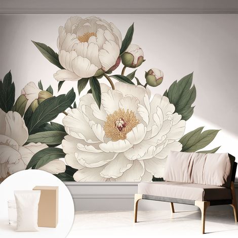 Papier peint intissé décoratif avec motifs pour salon et chambre a motif - Colle incluse gratuite Pivoines blanches 312x219 cm (1/5)