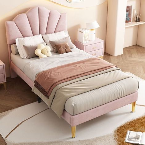 Lit capitonné enfant 90x200, Tête lit coquillage,lit enfant fille,pieds fer forgé doré, tête lit réglable hauteur (1/5)