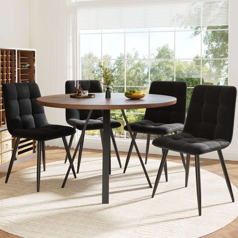 Ensemble table à manger rond 80 cm avec 4 chaises en velours noir, table effet bois noyer avec pieds métal, set repas moderne 5 pièces (1/5)