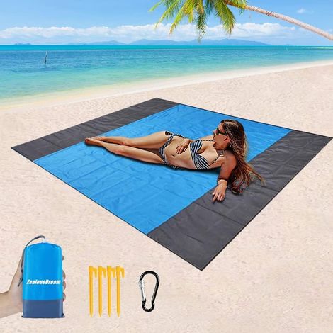Tapis De Plage - 210 x 200 Cm - Imperméable - Anti-sable - Pour Plage Camping Pique-nique Randonnée - 4 Piquets Inclus - 1 Pièce (1/5)