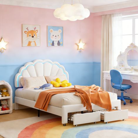 Lit double rembourré 140x200 cm avec 2 tiroirs, Lit enfant 90x200 cm avec tête de lit de coquillage réglable, LED intégré, Sommier à lattes, Velours, Blanc