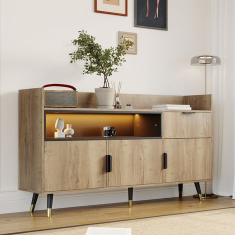 Mobile buffet a LED 160x35x82cm,moderno e alto,con 1 cassetto,3 ante e vano a giorno,gambe dorate,stile industriale vintage,ideale per cucina,soggiorno,camera da letto,corridoio,ufficio Legno