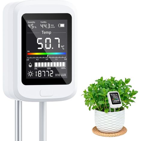 Testeur de pH du Sol 6 en 1, Rechargeable Détecteur de Test de Sol Acide-Base avec écran LCD Couleur et Deux Sondes, PH/Température/Humidité/Lumière/Humidité, écran Réglable à 90° (1/5)