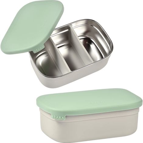 BEABA, Boîte repas enfant en inox, couvercle en silicone et housse de protection, Gris velours et vert sauge (1/5)