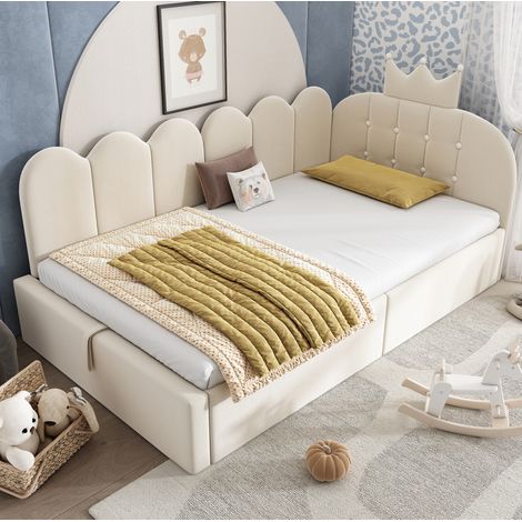 Cama diván moderna de terciopelo beige 90x190 cm con cabecero corona, almacenaje hidráulico y somier de láminas