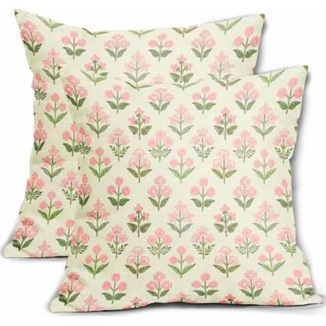 Taies d'oreiller imprimées roses et vertes, 45 x 45 cm, ensemble de deux pièces, housses de coussin en lin à motif floral bohème vintage, convenant aux canapés, lits et à la décoration de style campag (1/5)