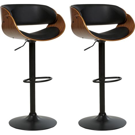 Lot de 2 Chaises de Bar en Cuir PU Pivotantes avec Repose-Pieds Dossier Réglable Bois Foncé et Noir Baku II