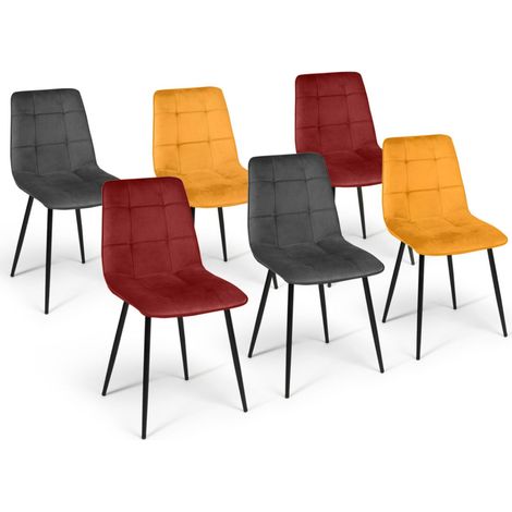 Set di 6 sedie MILA in velluto vintage di colore misto: bordeaux x2, grigio scuro x2, giallo ocra x2 (1/5)
