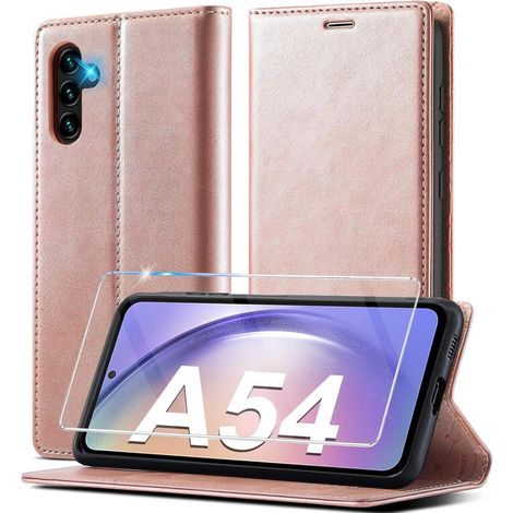 Coque portefeuille à rabat en cuir pour Samsung Galaxy A54 5G avec béquille et porte-cartes, rose (1/5)